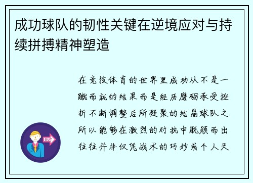 成功球队的韧性关键在逆境应对与持续拼搏精神塑造